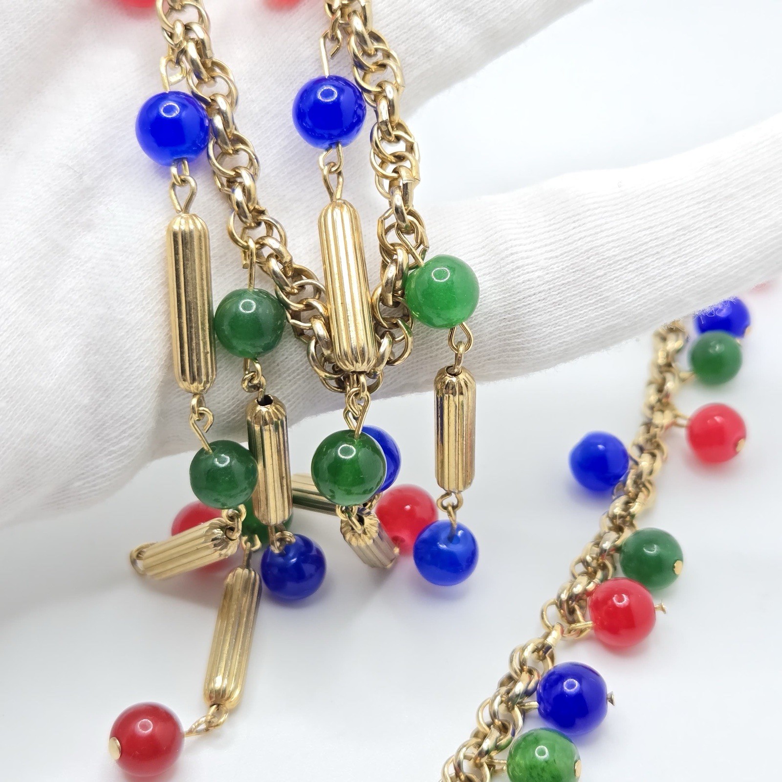 VTG Necklace & Bracelet Set, Gold Tone Chain with Red, Blue, Green Glass Beads