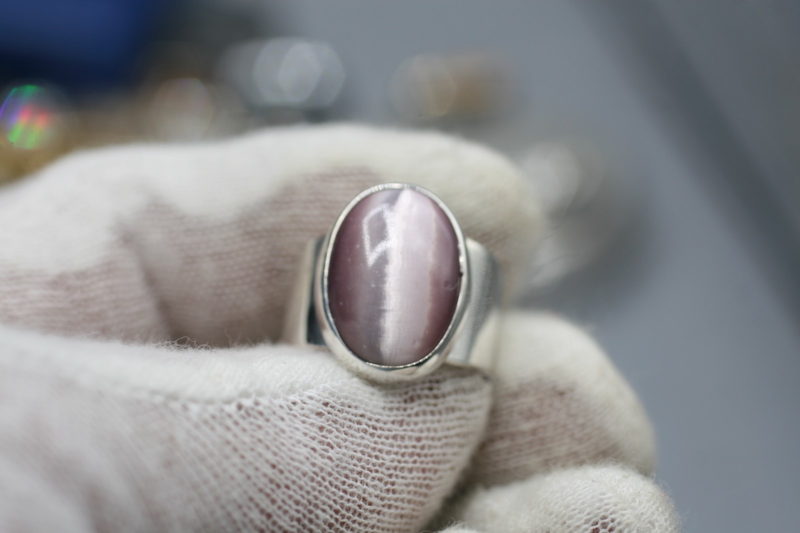 Vintage ATI Mexico Sterling Silver Pink Cat’s Eye Ring 8.5