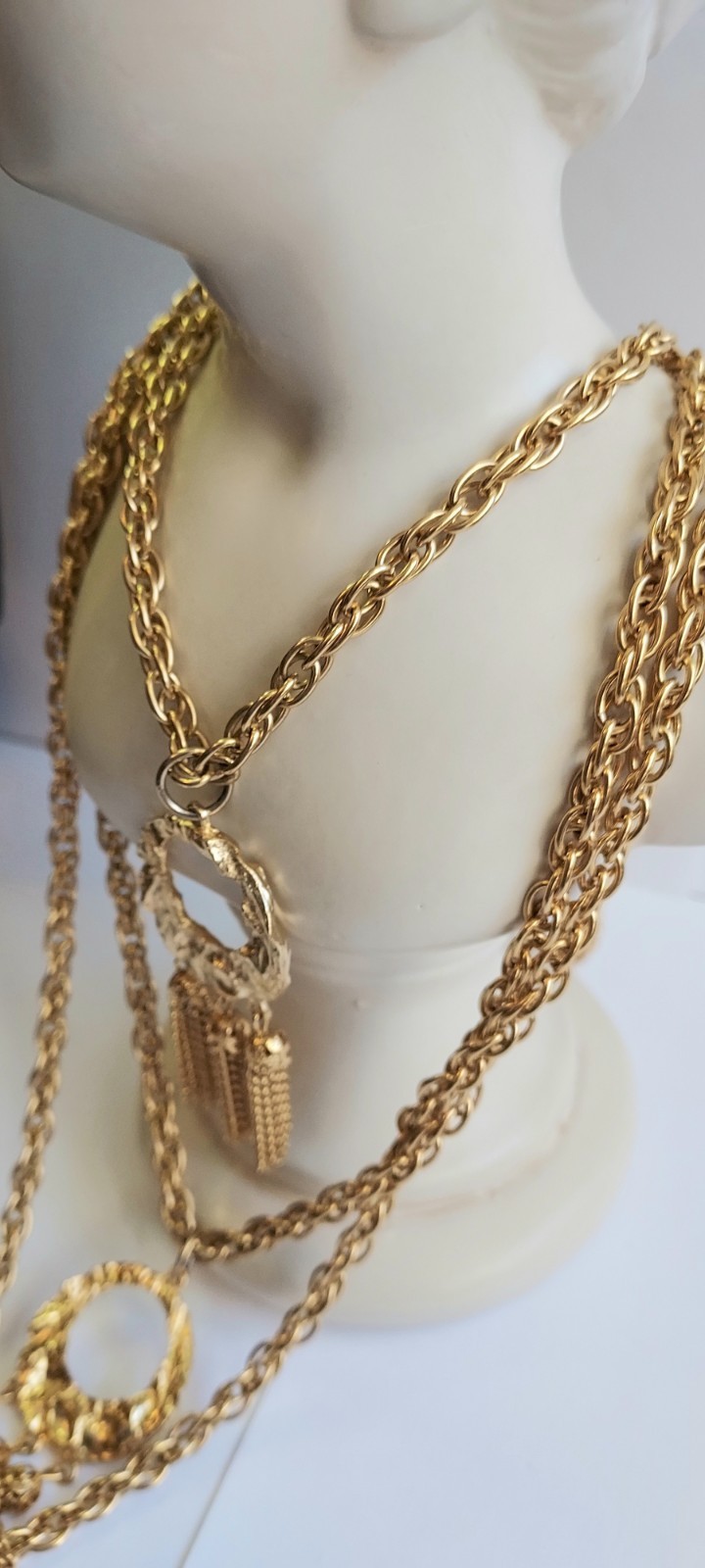 Vintage Multi Strand Festoon Tassel Necklace Circle Pendant Gold Tone Statement