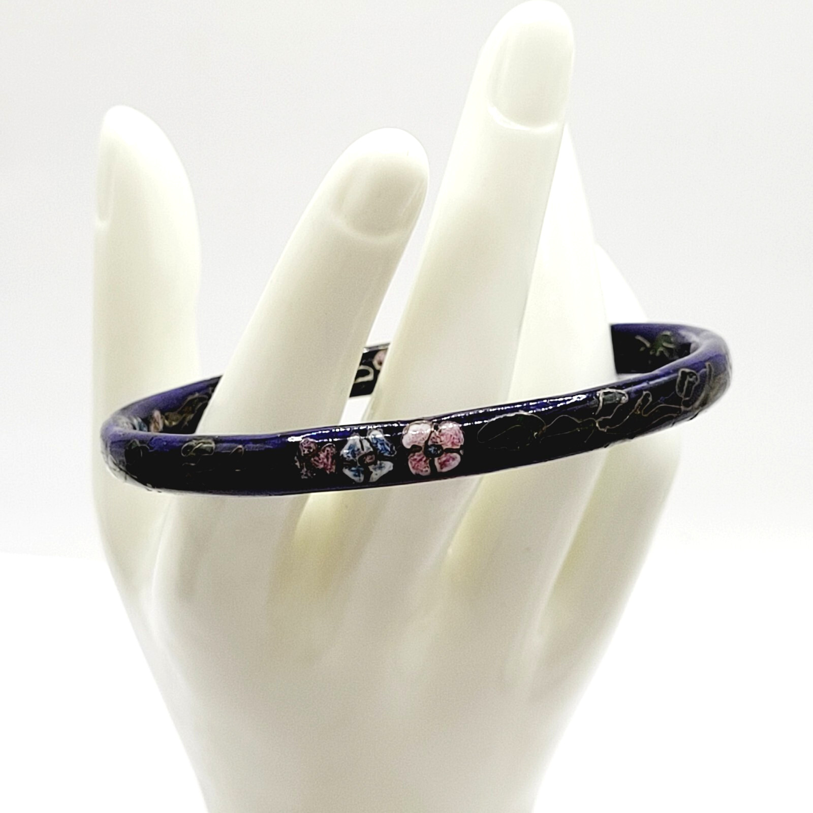 Cloisonné Asian Inspired Dark Cobalt Blue Floral Hand Painted Bangle Bracelet