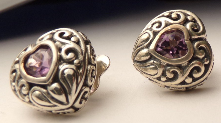 VTG SIGNED KH KIT HEATH AMETHYST HEART STONE DEEP LARGE POST PIERCE EARRINGS