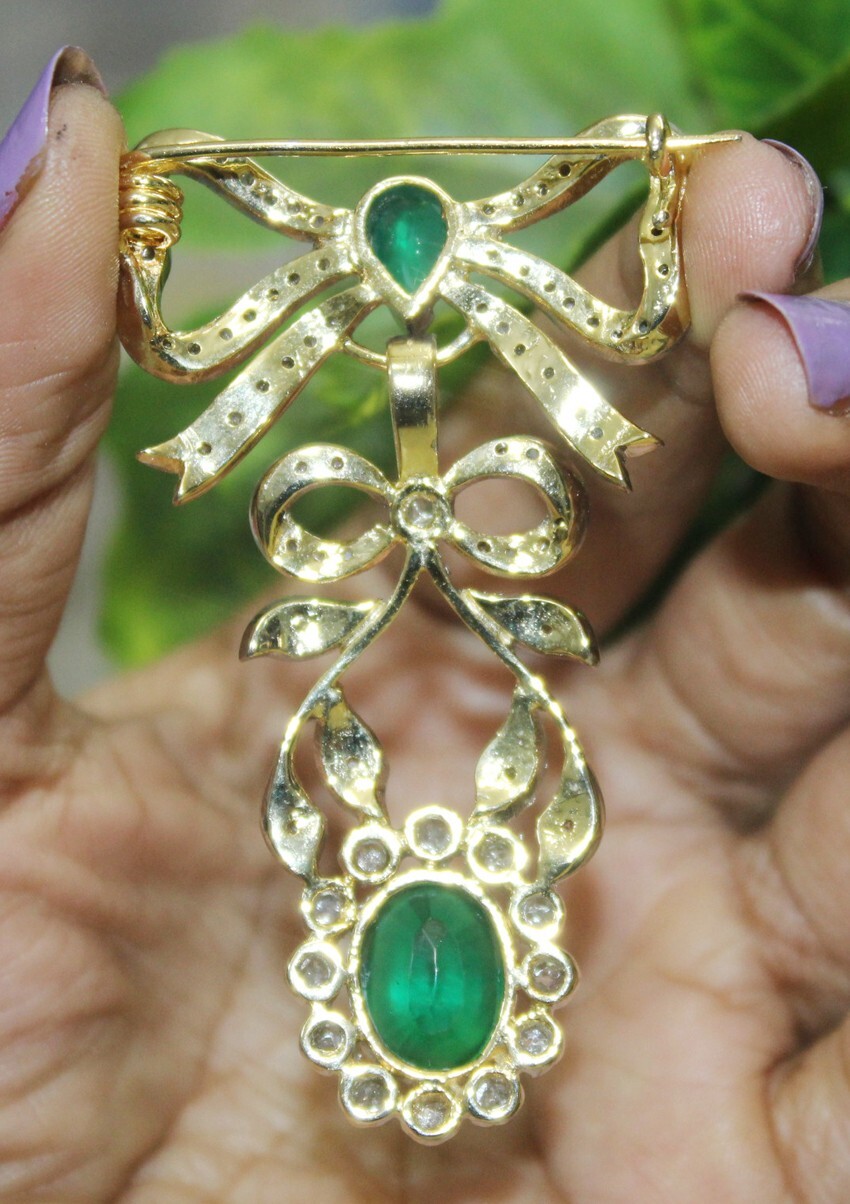 2.20ct Rose Cut Diamond Emerald Antique Victorian Look 925 Silver Brooch