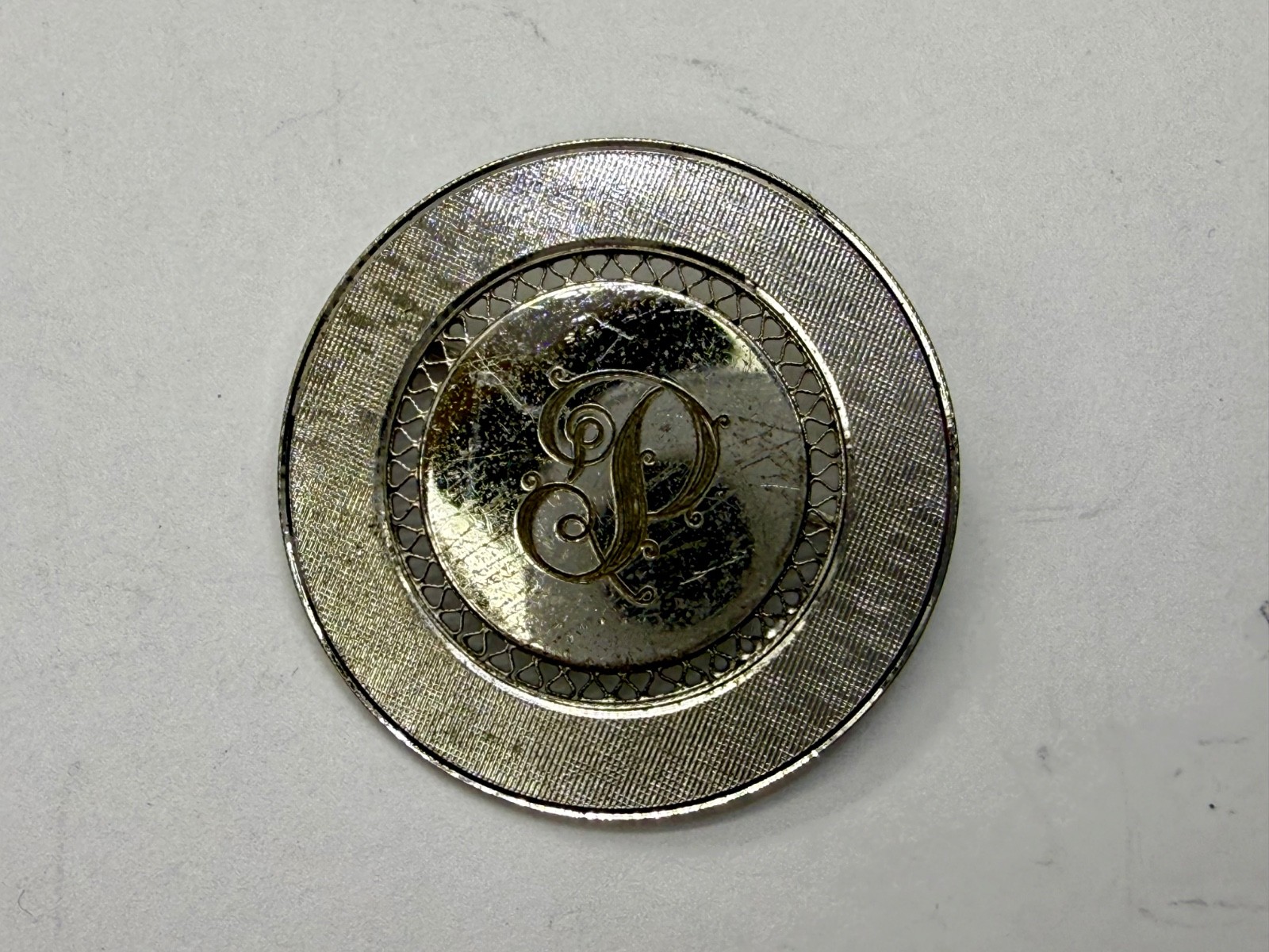 Initial Letter P ? Calligraphy On Vintage Sterling Silver Round Disc Brooch