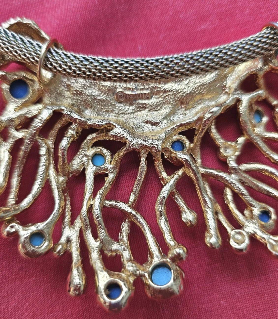 Signed PANETTA Gold tone Pendant Choker Faux Turquoise Lapis Cabochon Brutalist