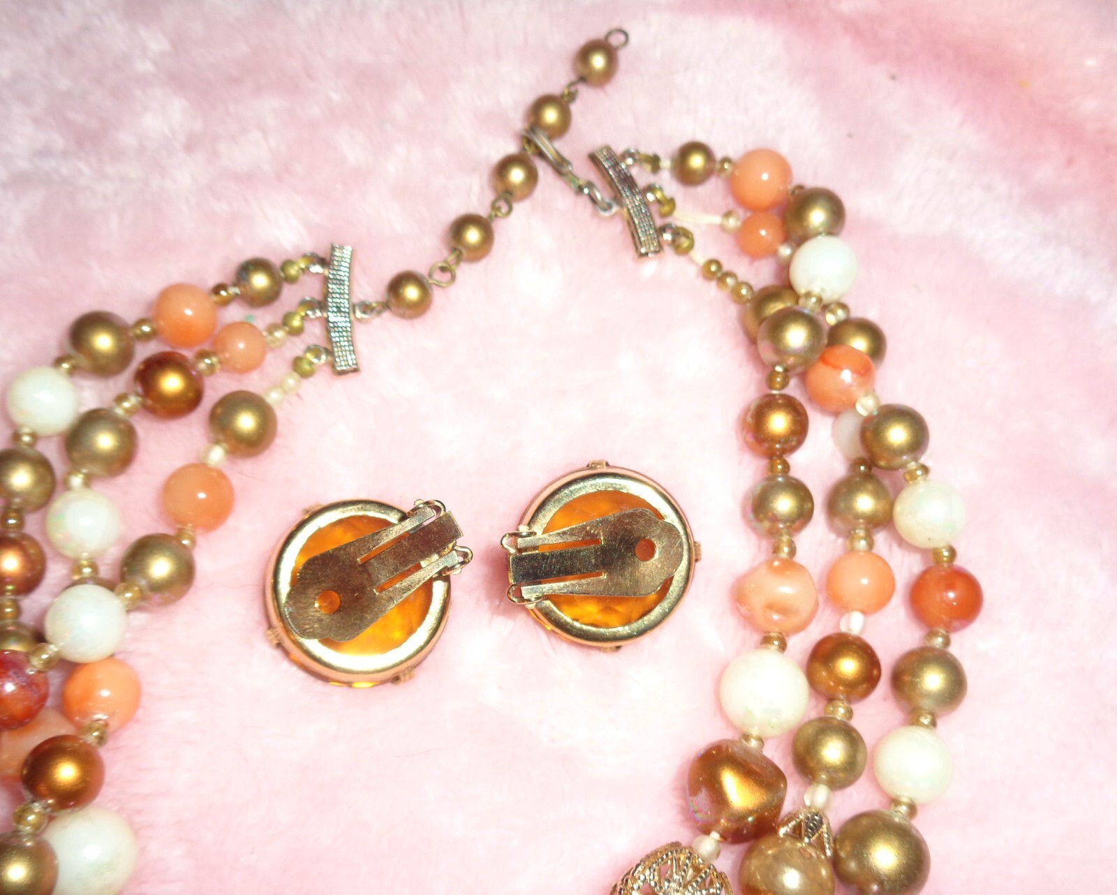 Vintage Brown Gold Red, Peach Triple Strand Beaded Choker Necklace Clip Earrings