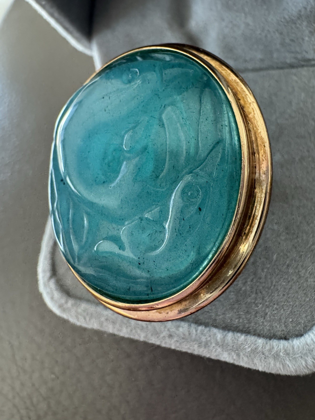 Vintage Bronze Amy Kahn Russell AKR Carved Celluloid Blue Fish Sz 9