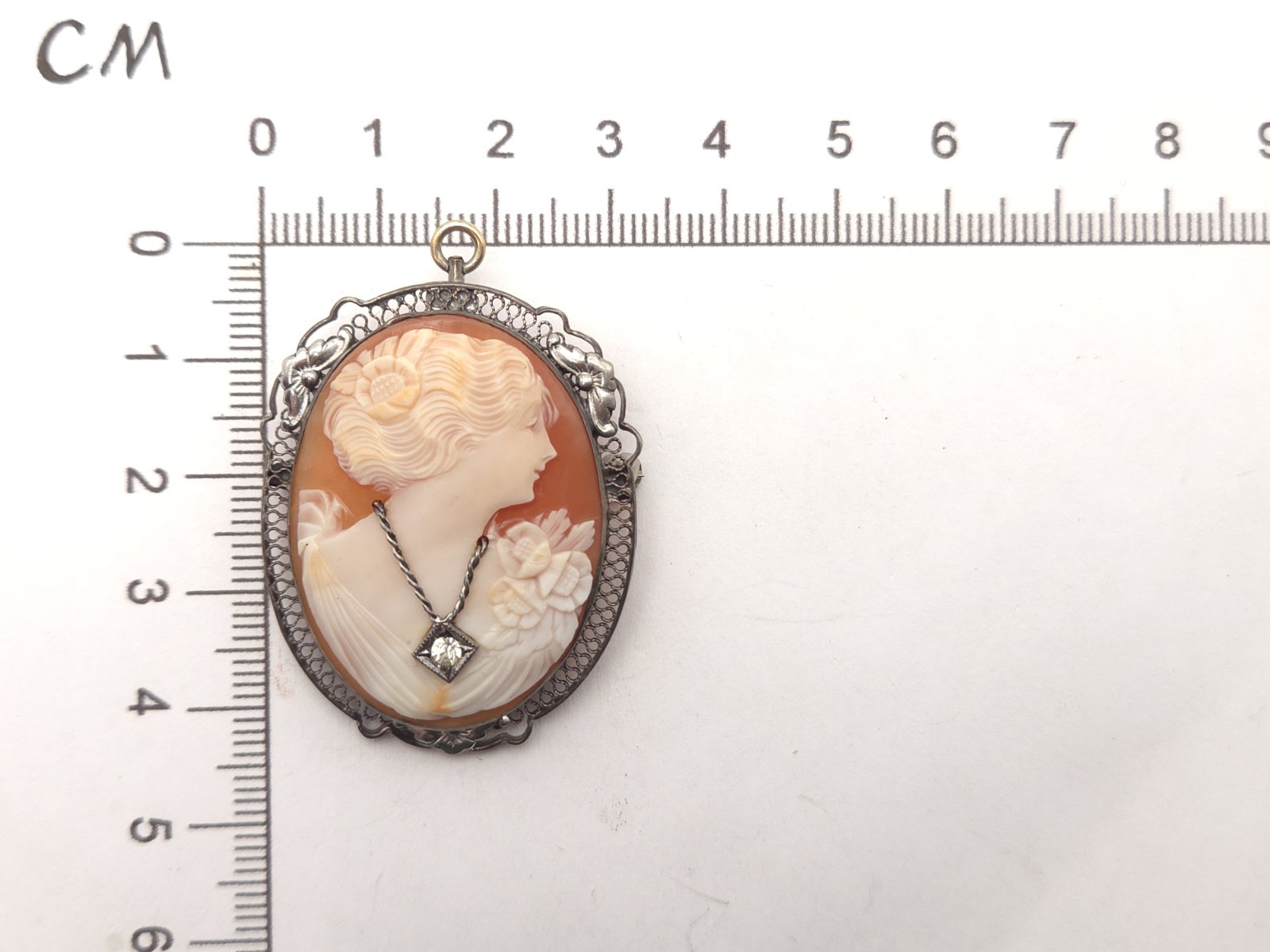 Art Deco Sterling Silver Carved Shell Habille Cameo Paste Stone Brooch Pendant