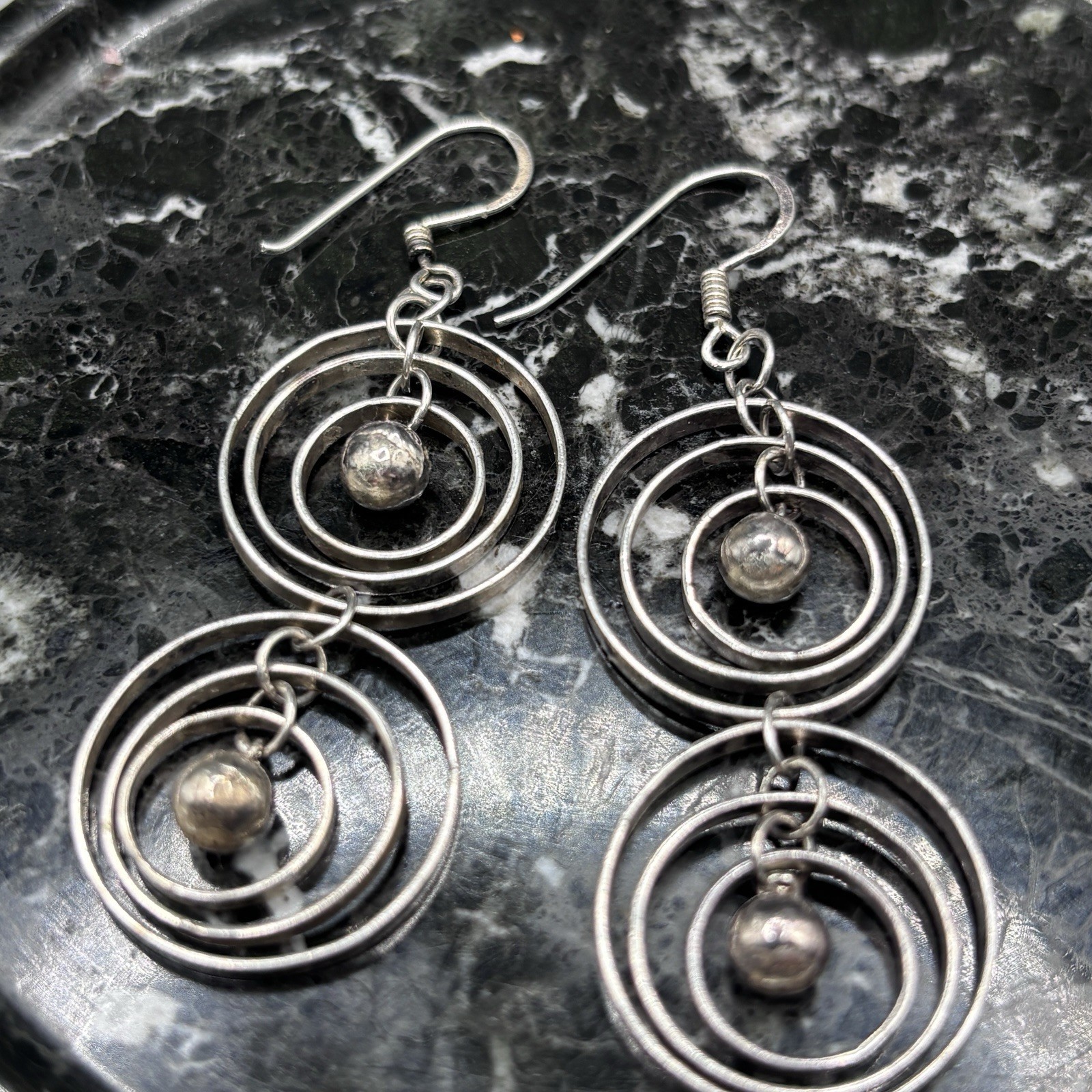 Two-Tiered 3 Concentric Circle’s 925 Silver Earrings Center Bead “Navajo Pearl”
