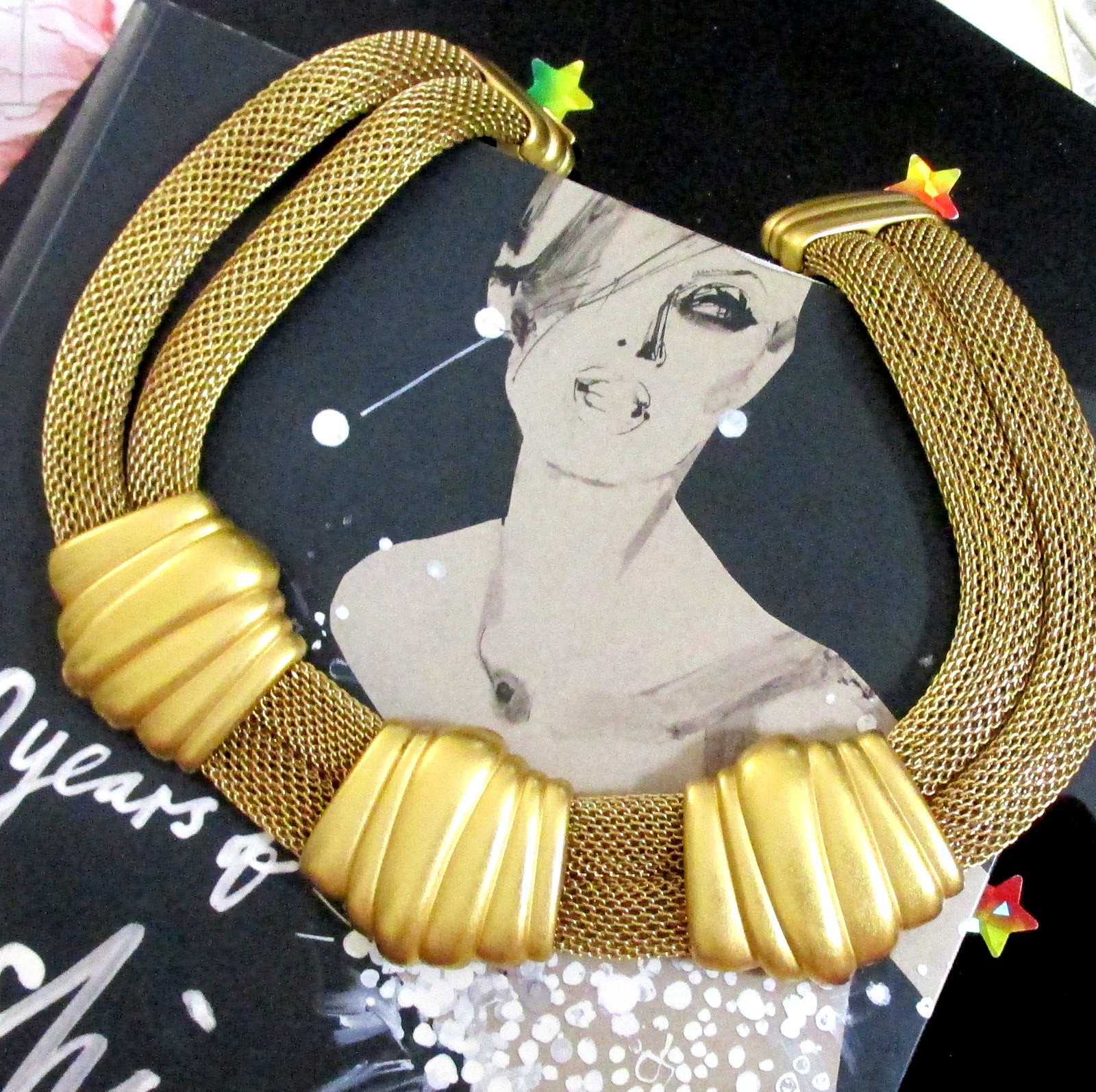 Vtg Runway MONET Double Mesh Chain Satin Gilt Station Modernist Necklace Weighty