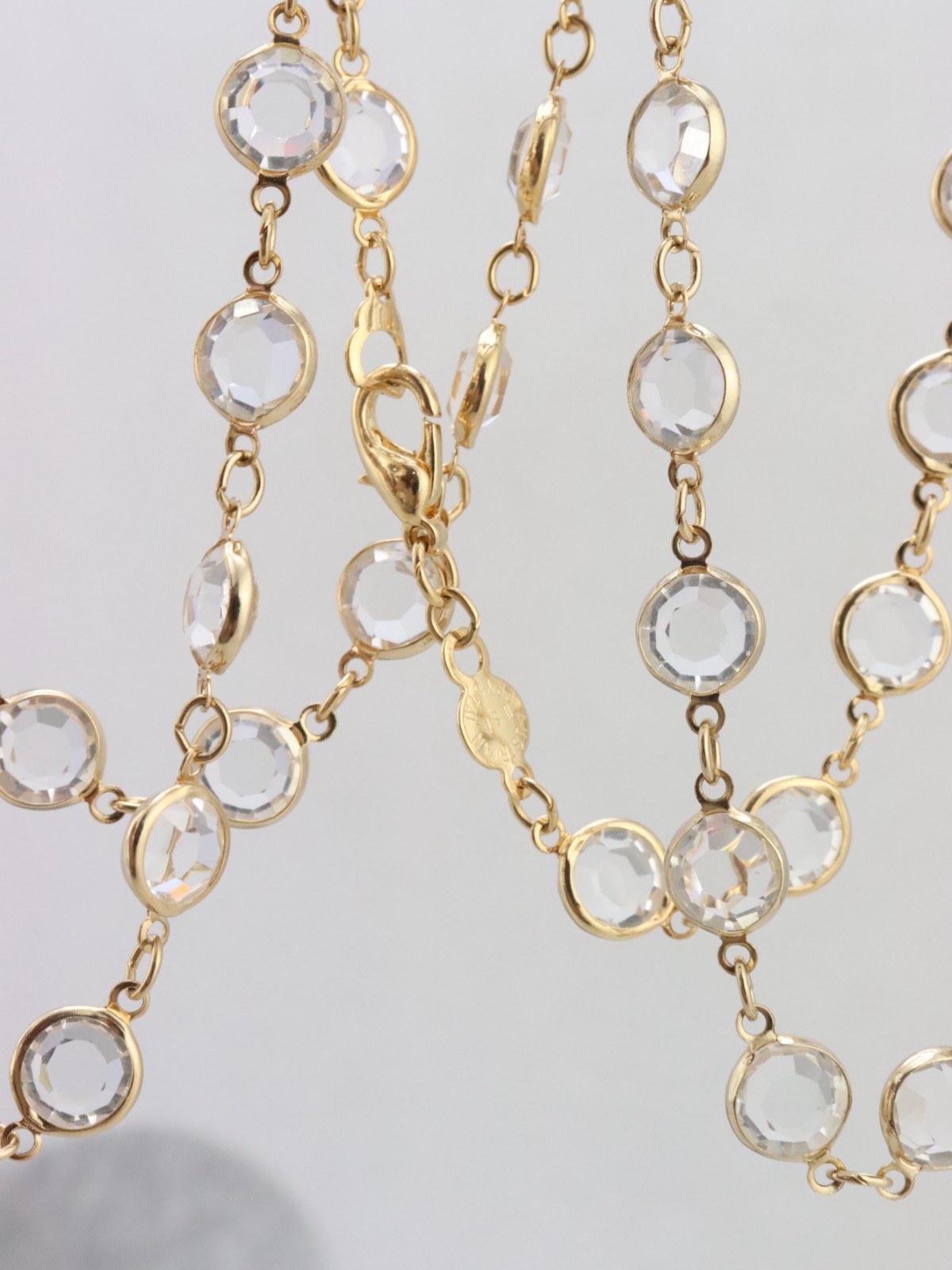 34″ Long 9mm Clear Crystal Bezel Rhinestone Necklace Signed AUSTRIAN USA Gold Tn