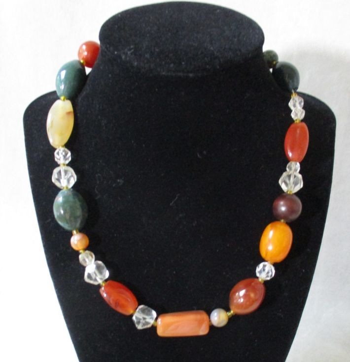 Vtg Scottish Chunky Bead Necklace Natural Agate Carnelian Quartz Crystal Boho