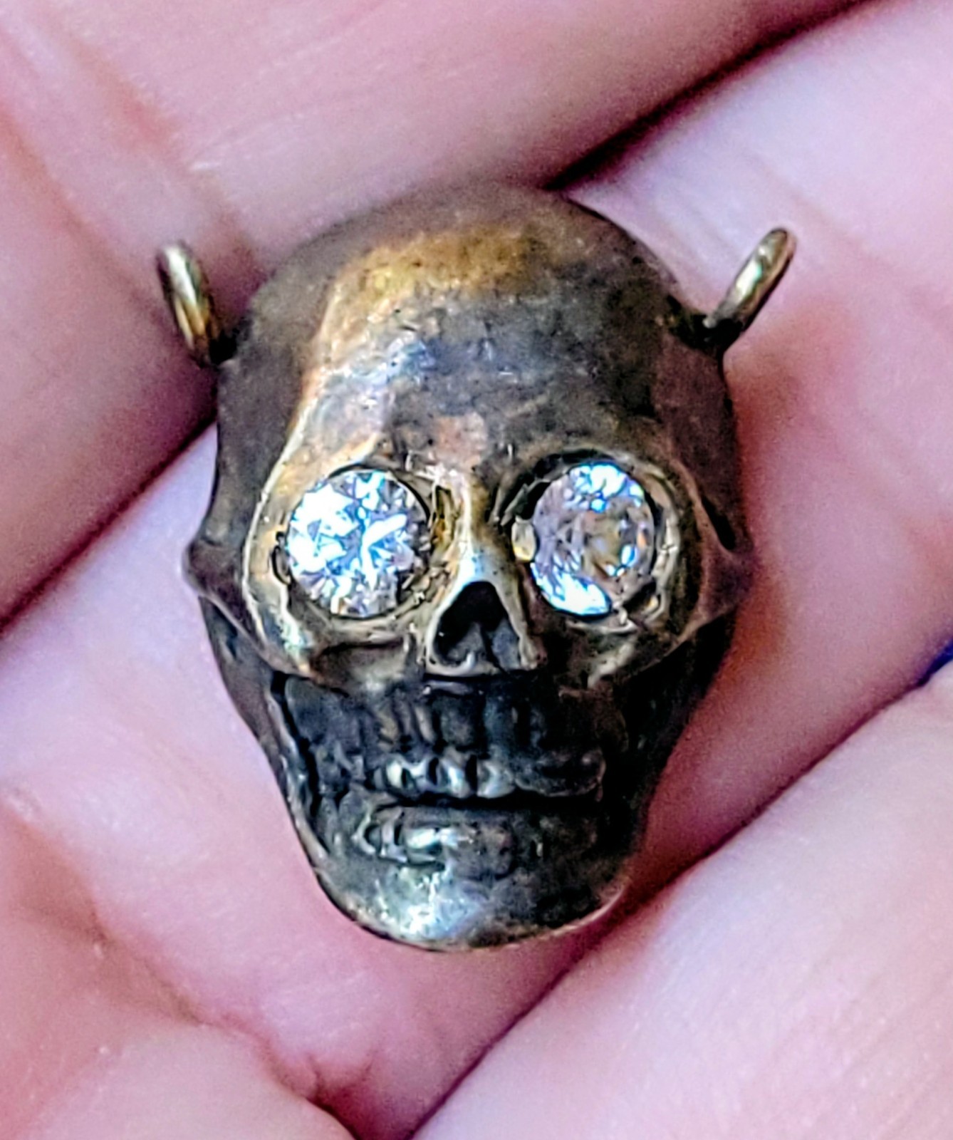 Vintage SKULL Pendant w Gem Eyes Gold On Sterling Silver Jeweled FANTASTIC