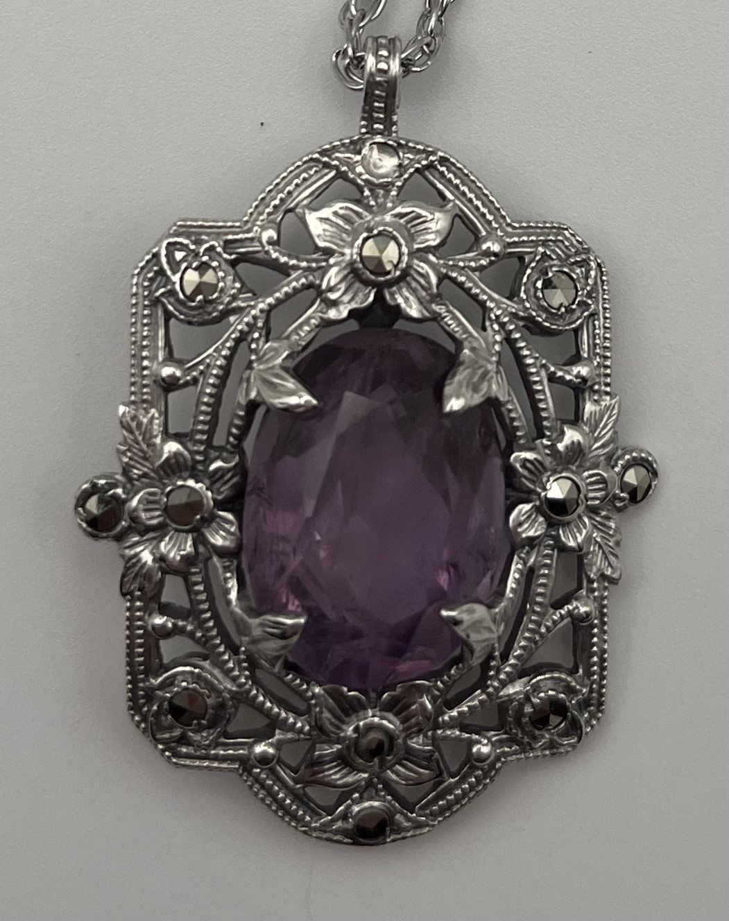 Vintage Sterling Silver Amethyst Art Nouveau Style Pendant On Super Seven Beads