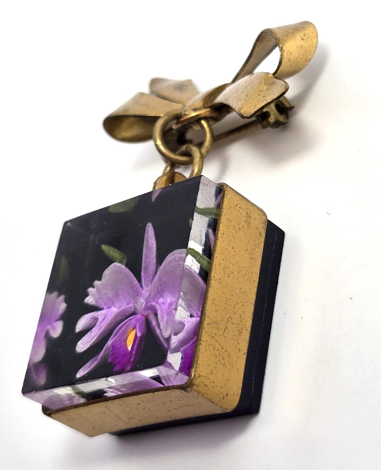 Purple cattleya orchid Lucite reverse carved painted flower vintage brooch