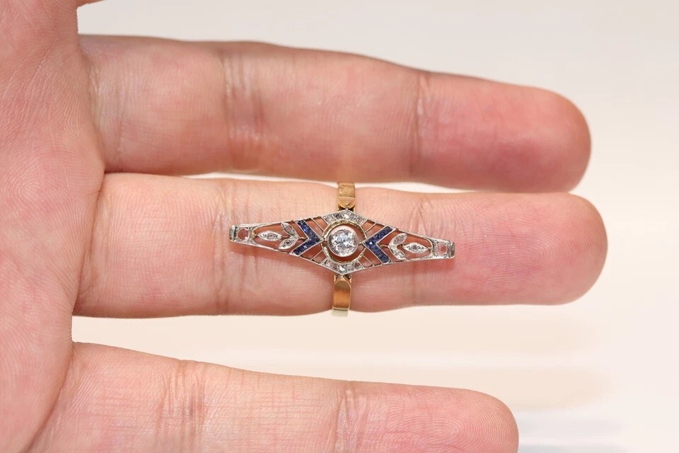 Antique Circa 1920s Art Deco 14k Gold Finish Lab Created Diamond Navette Ring