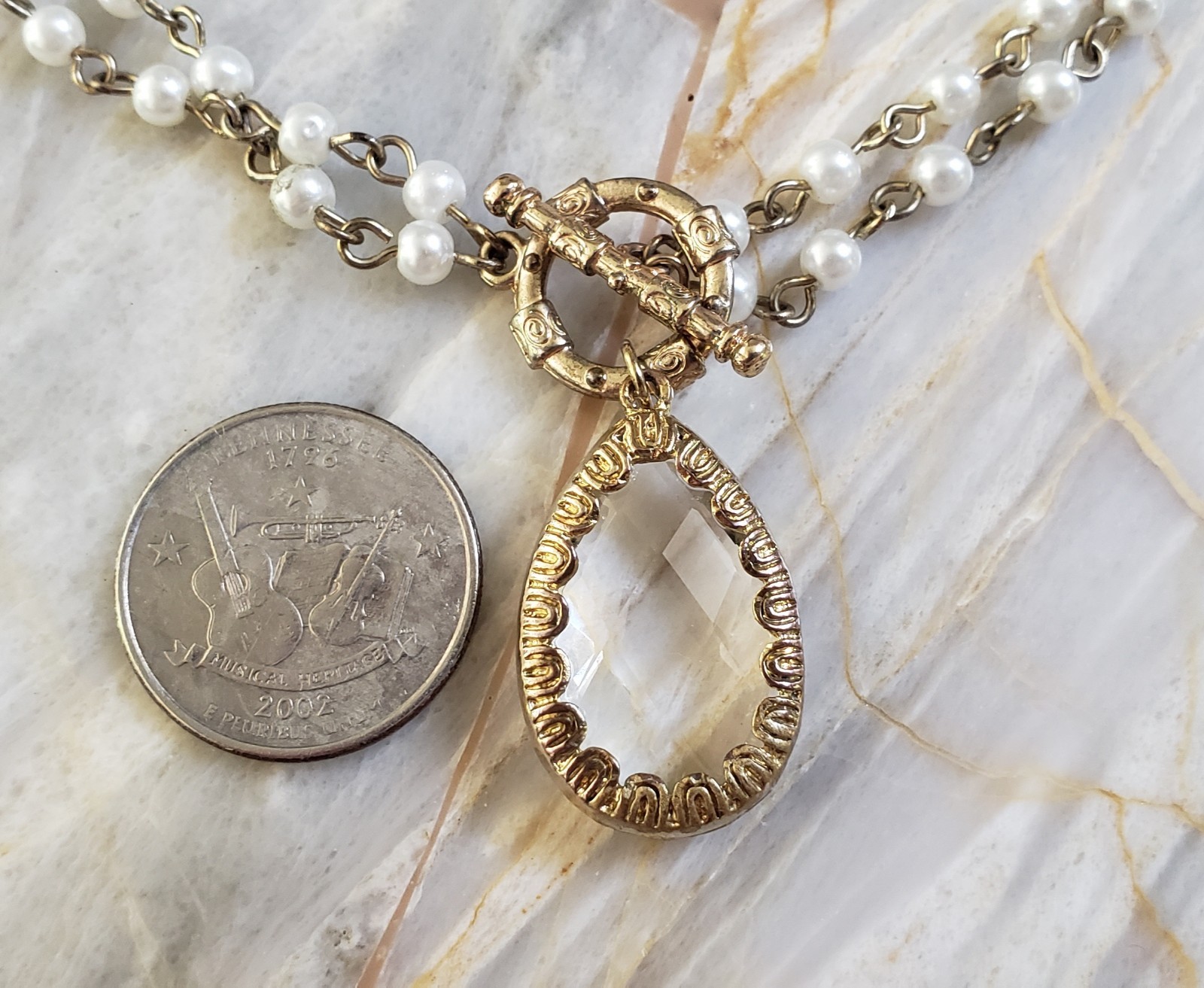 Vintage Faux Pearl Double Strand Necklace Gold Tone Crystal Pendant 18″