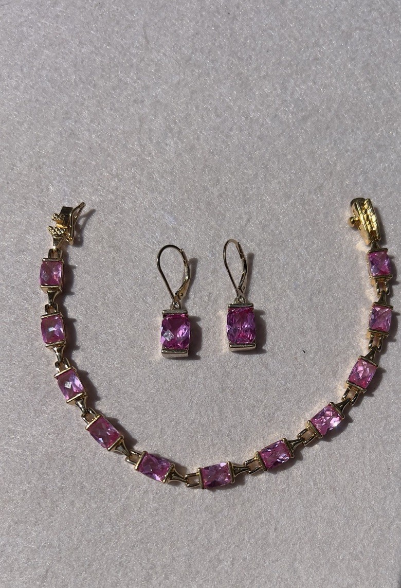 Vintage Sterling Silver Vermeil & Cushion Cut Pink Quartz 7” Bracelet & Earrings