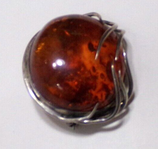 Amber Brooch 925 Silver Vintage 1.7×1.5″ JZ37