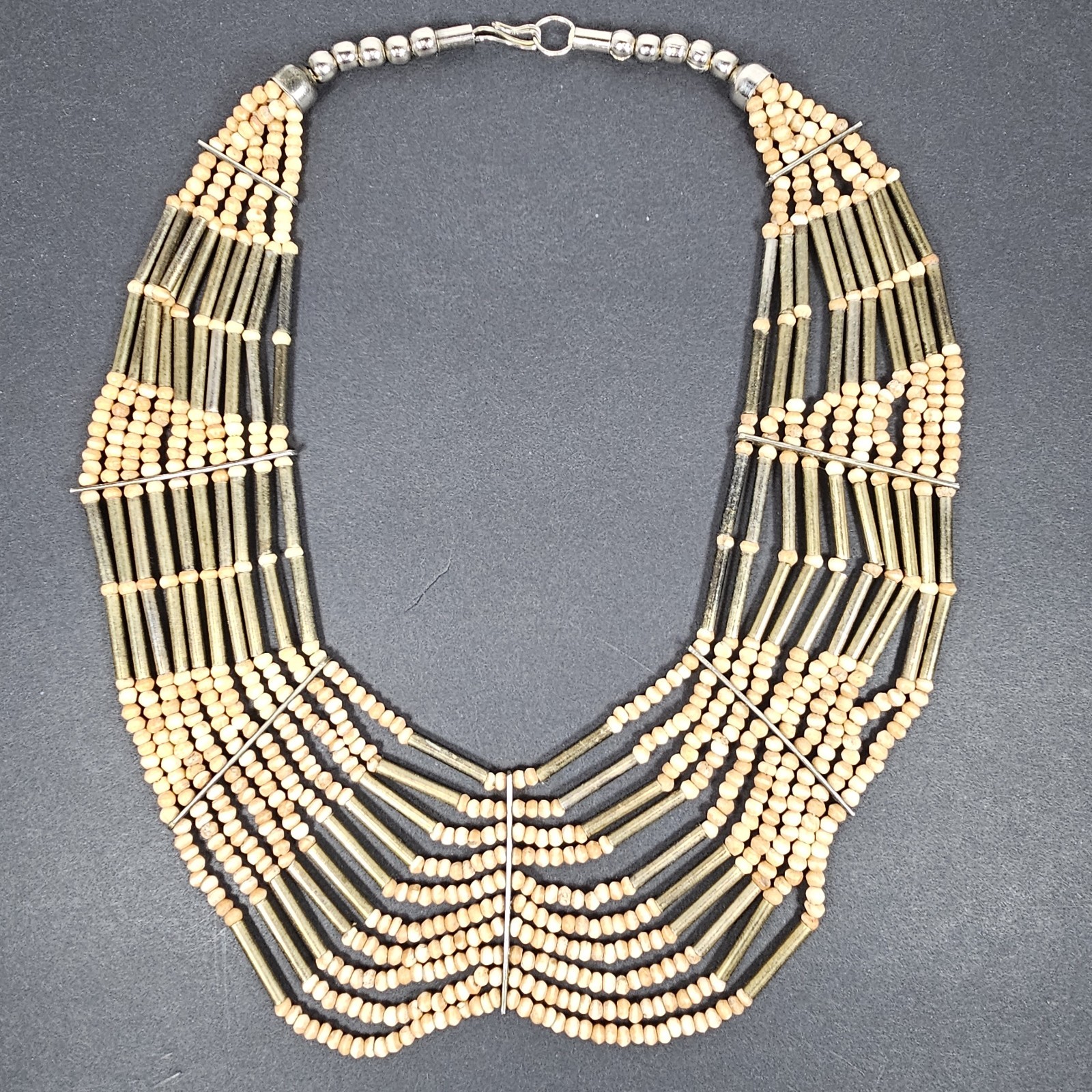 BOHO Tribal Multistrand Necklace Bead and Brass Silver Tone Chain & Clasp 21″
