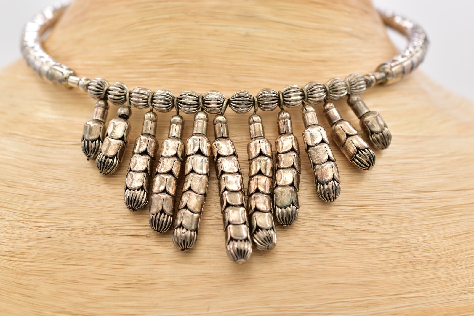 Vintage Silver Choker Fringe Statement Necklace Tribal Dangle Bib 1970s Bin3B