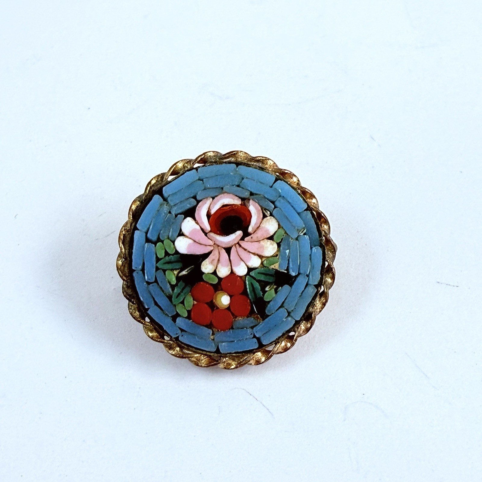 Vintage Glass Mosaic Flower Round Lapel Pin Brooch Italy