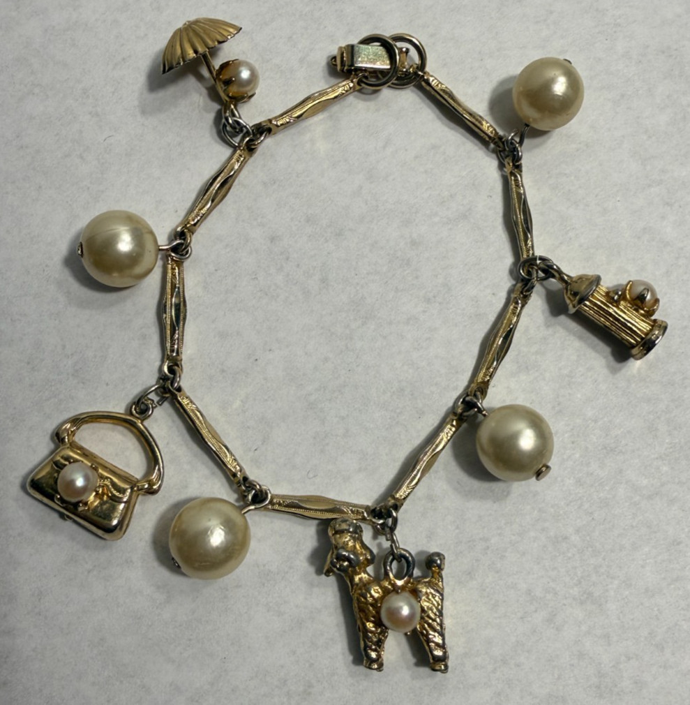 Vintage Gold Tone Poodle Umbrella Purse Hydrant Faux Pearls Bracelet