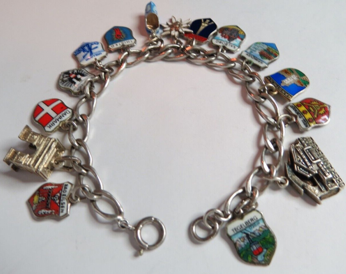 VTG SWISS WOMEN STERLING & 800 SILVER ENAMELD 15 CHARM CHAIN 7 1/4″ BRACELET 29g