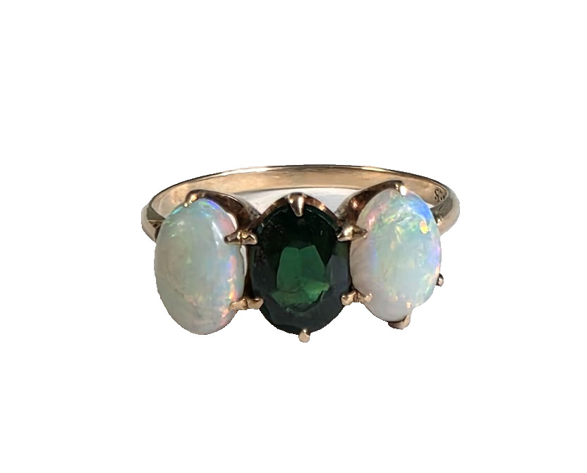 Antique Trilogy Ring Vibrant Opals and Deep Green Center Stone 10k Gold Superb!