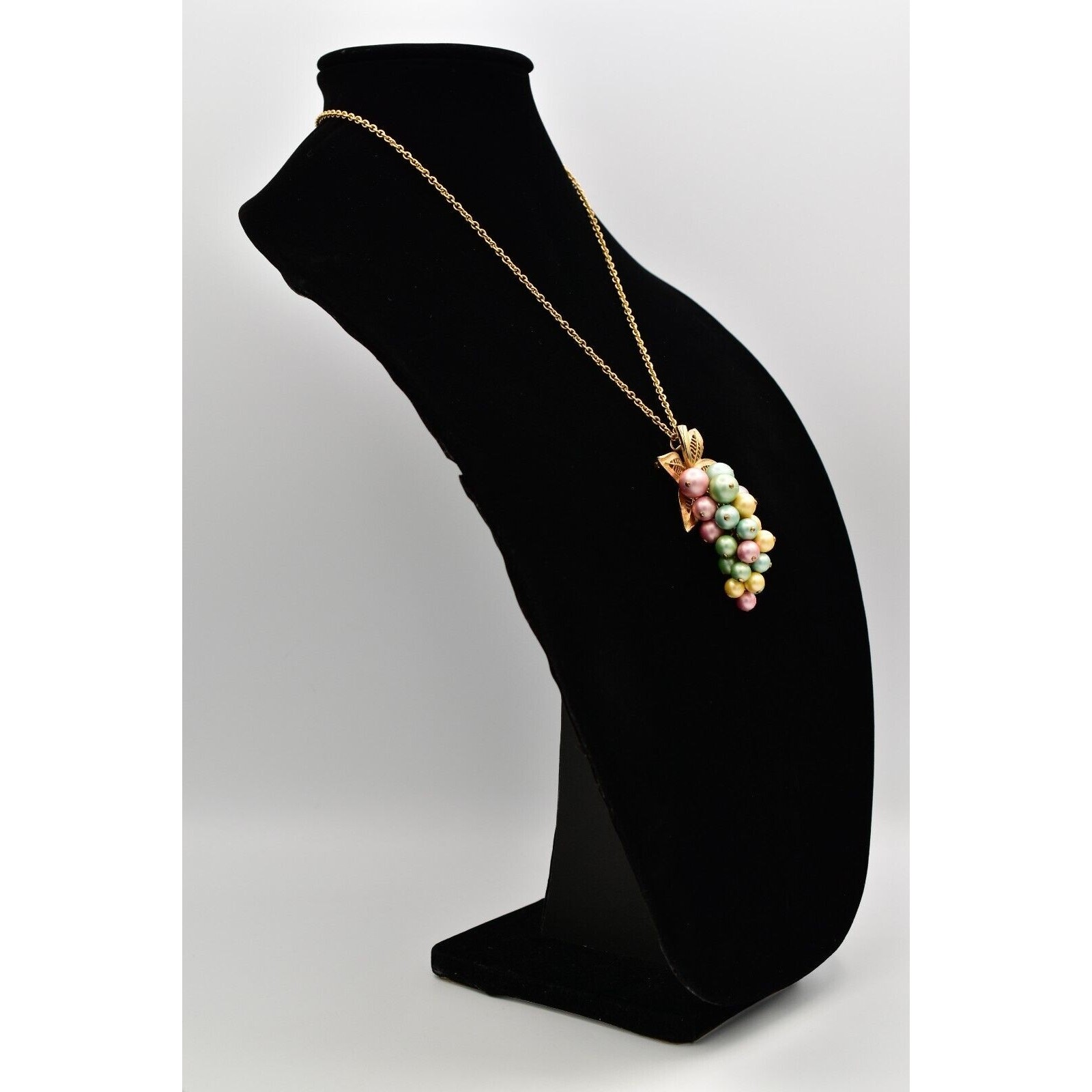 Vintage Grape Pendant Necklace Brushed Gold Multi-Color Cluster Vine Pastel BinK
