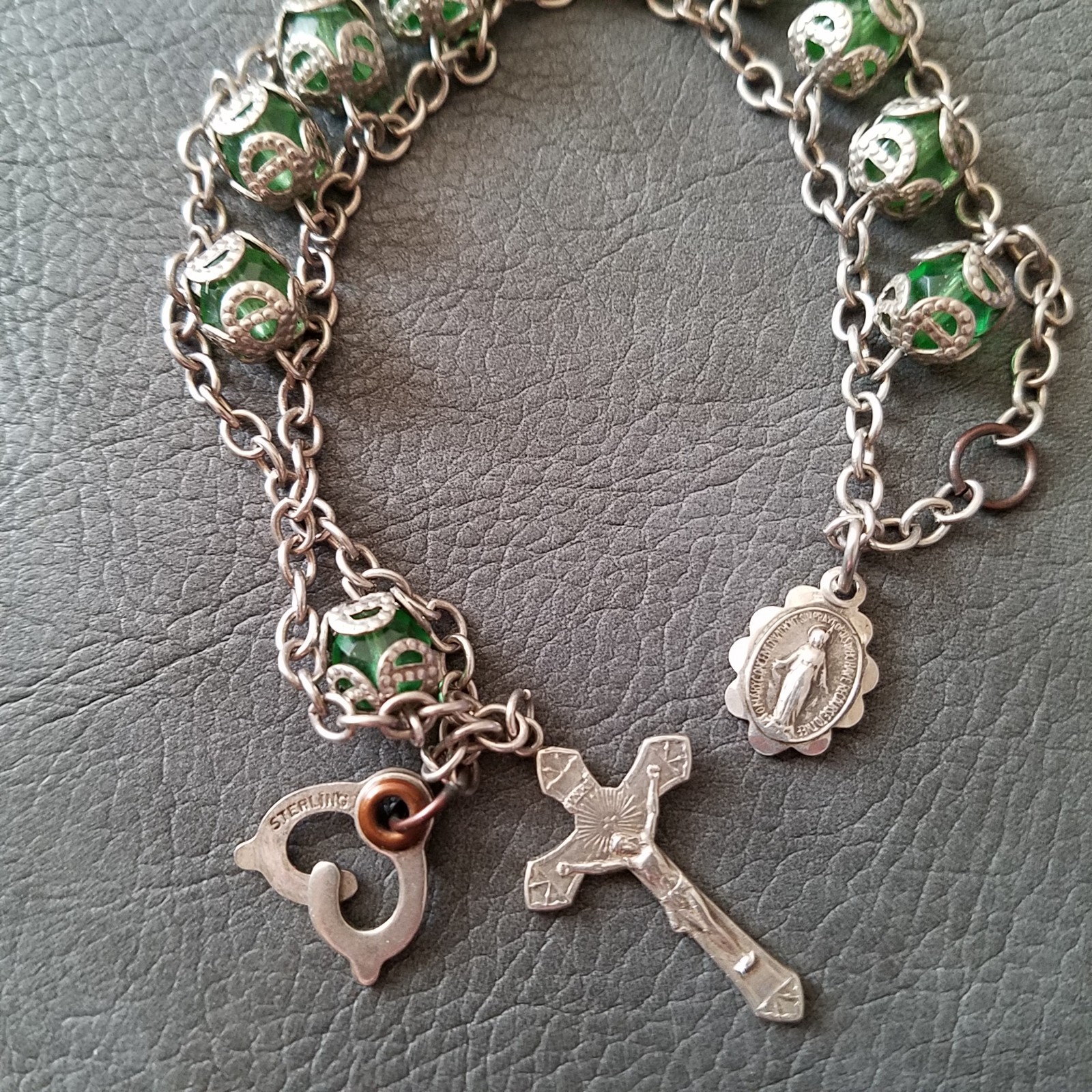 Vintage Sterling Chain Capped Green Bead Rosary Bracelet