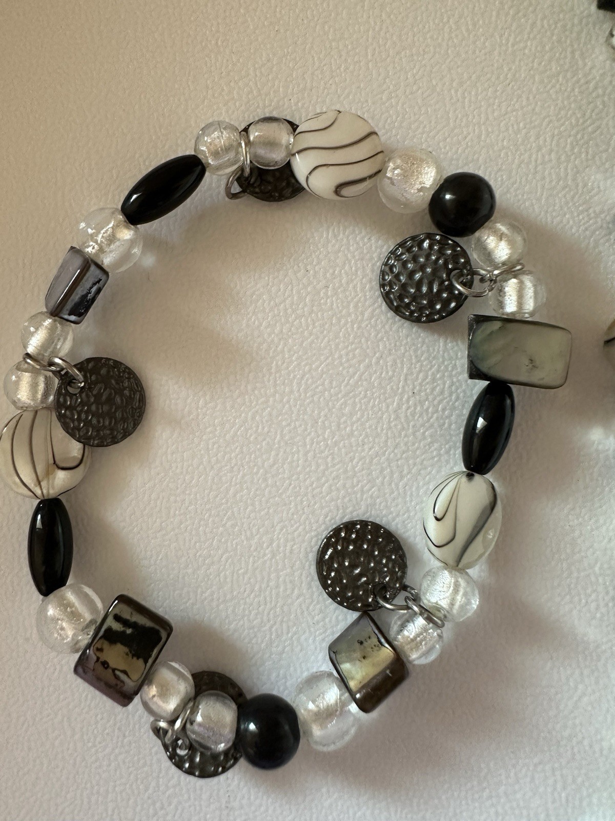 Vintage Black And Silver Glass Beaded Necklace 58” And 4 Stretch Bracelets