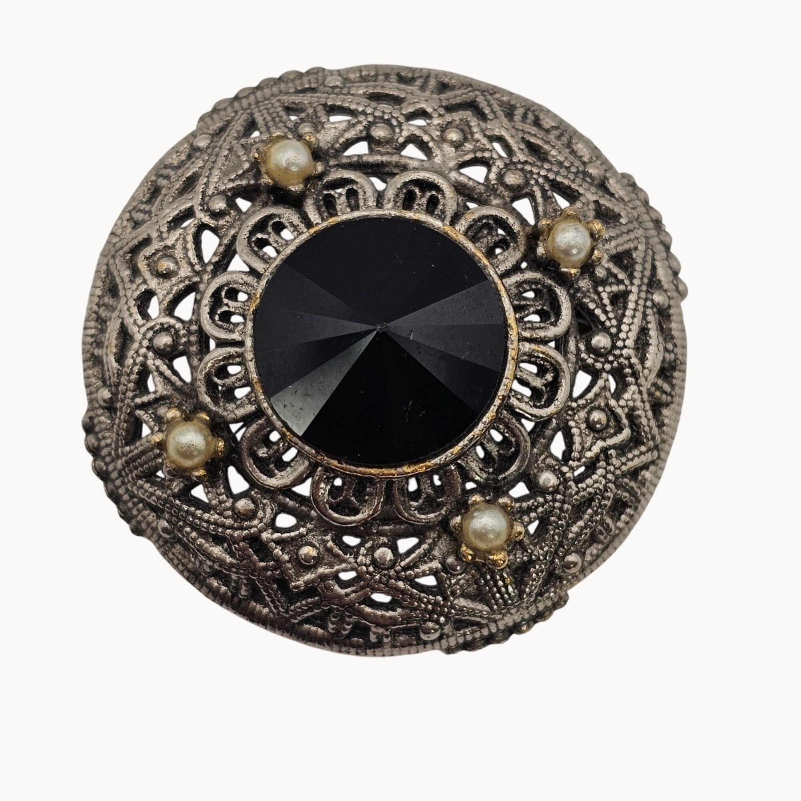 Vtg Tacoa Black Rivoli Filigree Brooch Silver Tone Victorian Revival Gothic Pin