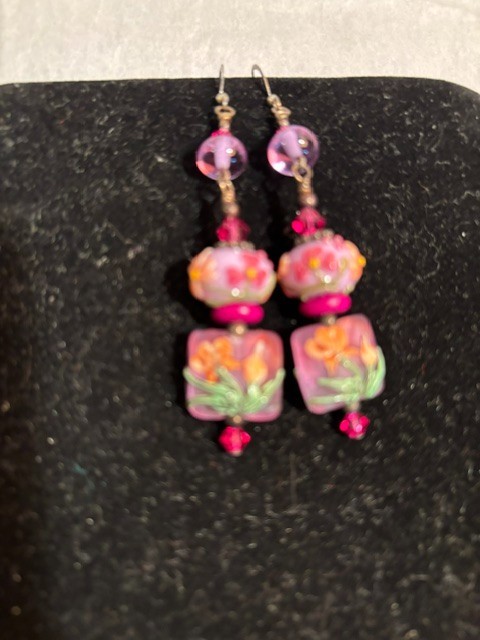 Vintage Artisan Boho Lampwork Glass Floral Dangle Pink And Green Earrings
