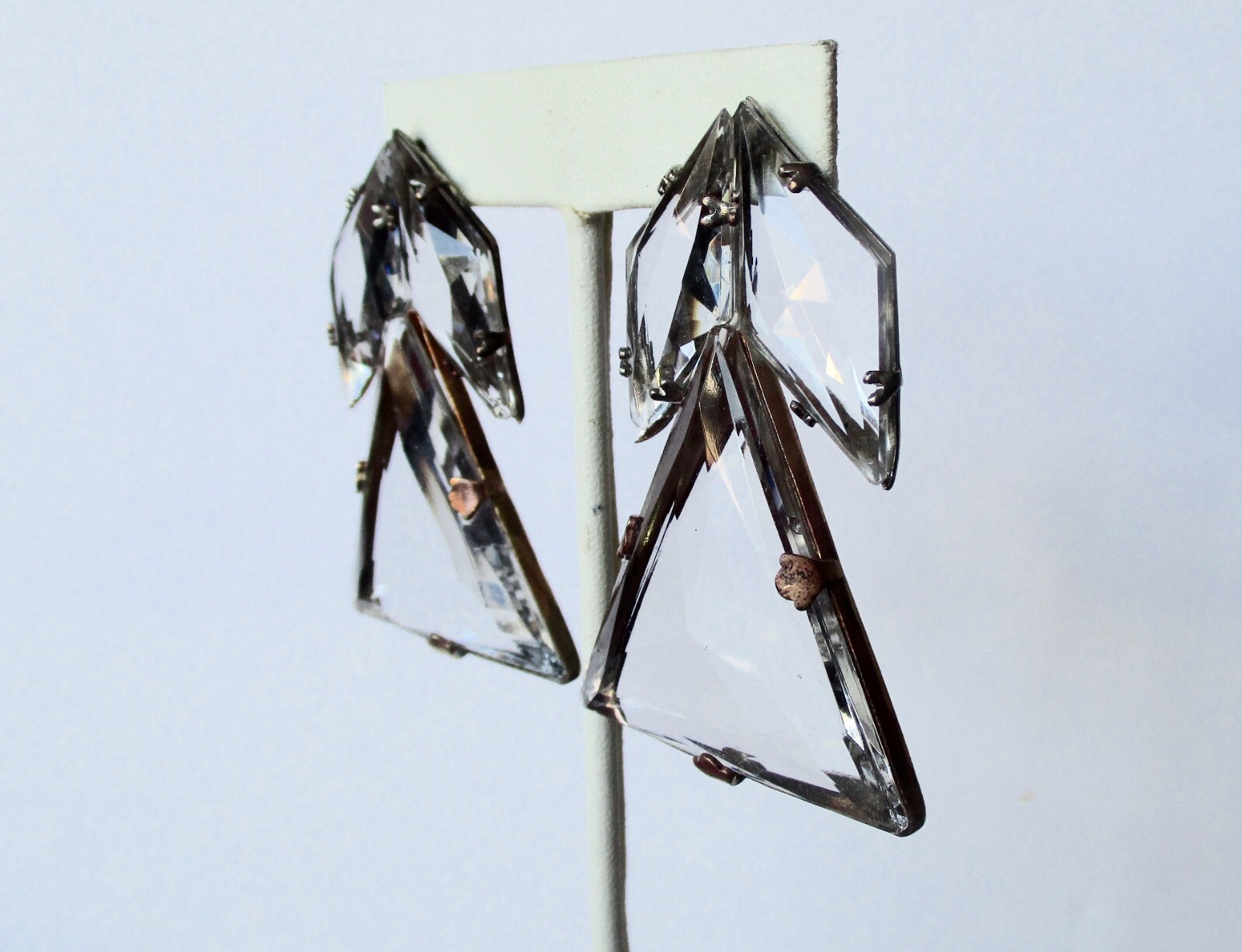 Pair of Antique Art-Deco Large Clear Faceted Crystal Earrings