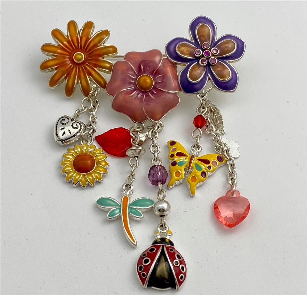Vintage Multicolor Enamel Flowers, Bug, Butterfly, Hearts Charm Dangle Brooch