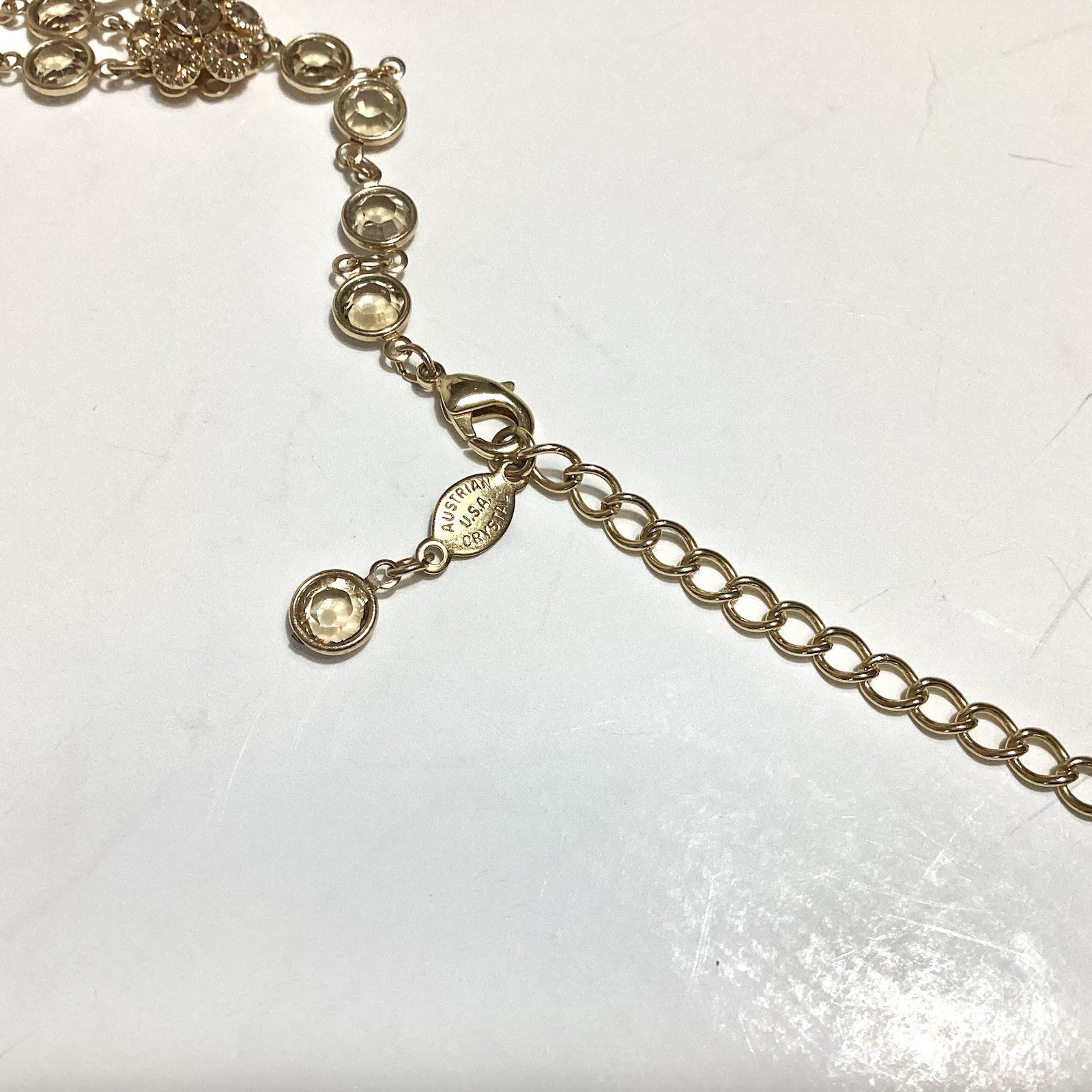 Austrian Crystal USA Signed GoldTone Bezel Champagne Multi-Strand Necklace 24.5”