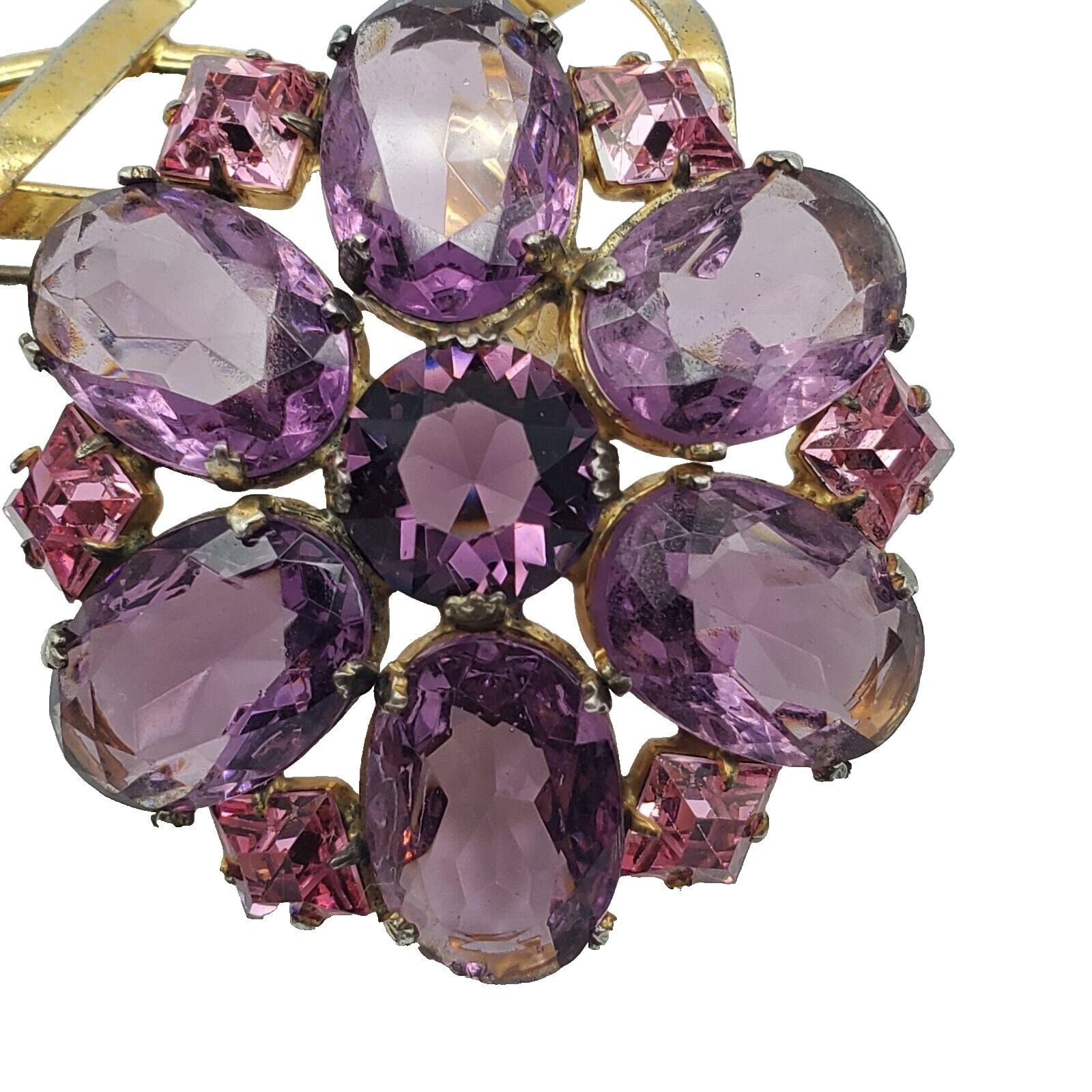 Flower Brooch Gold Vermeil Sterling Silver Pin Purple Glass Pink Rhinestone 40s