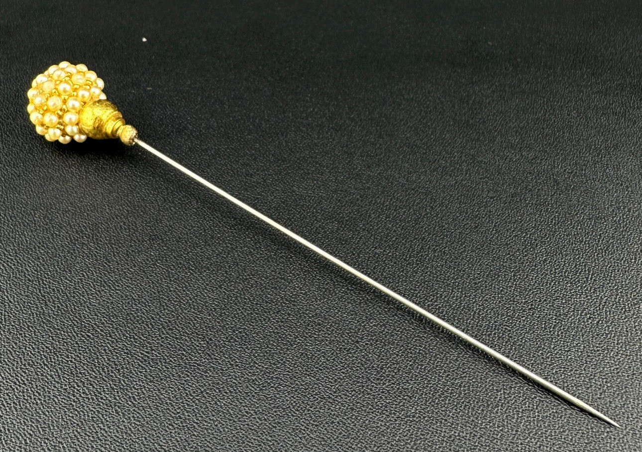 Vintage Hat Stick Pin Gold Tone Faux Seed Pearl Cluster Studded Head 4.25″