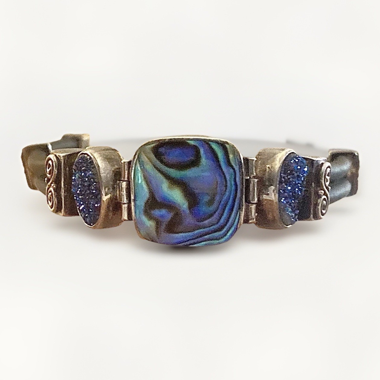 Sajen Sterling Silver 925 Paua Abalone Shell & Blue Drusy Quartz Rubber Bracelet