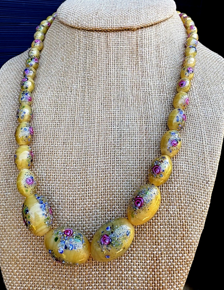 CZECH 1920’S NECKLACE YELLOW SATIN GLASS BEADS WITH FLOWERS 19.6″ Long