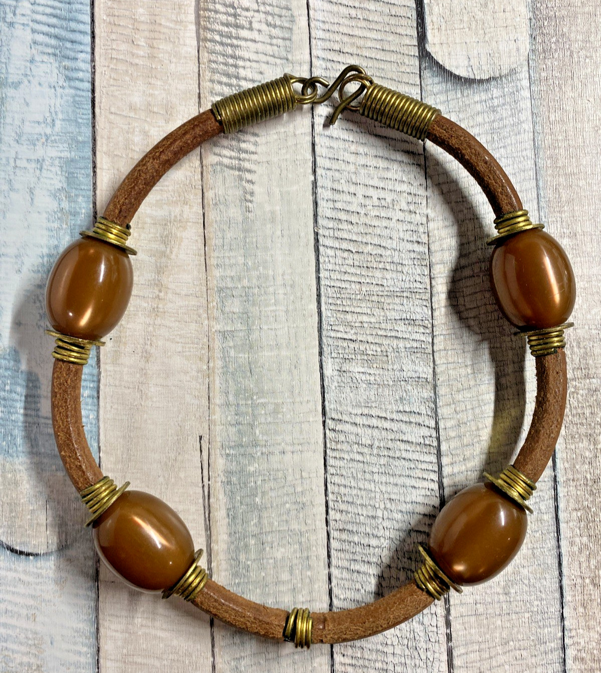 Brown Leather Cord Acrylic Bead Brass Tone Collar Necklace