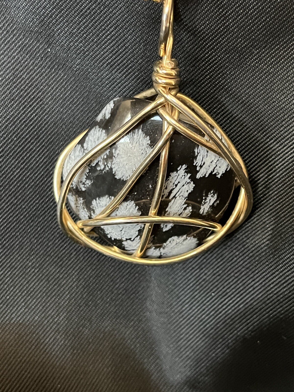 Vintage Polished Snowflake Obsidian Pendant Necklace Wire Wrapped Obsidian Stone