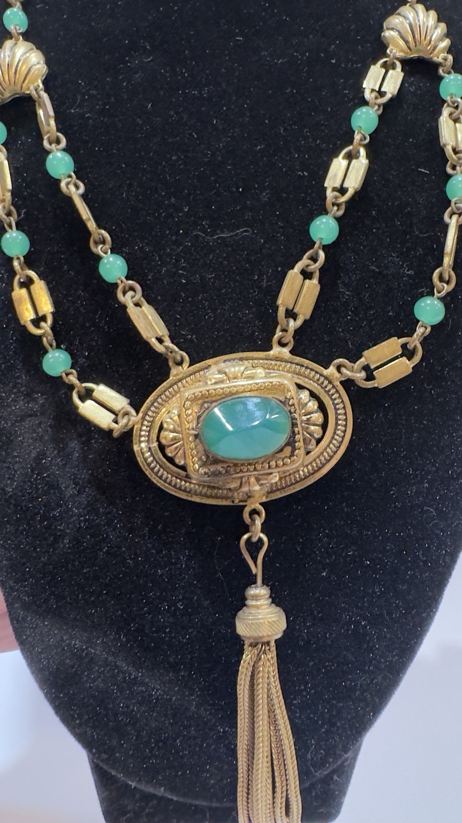 Antique Victorian Revival Green Chrysoprase Glass & Tassel Necklace Czech