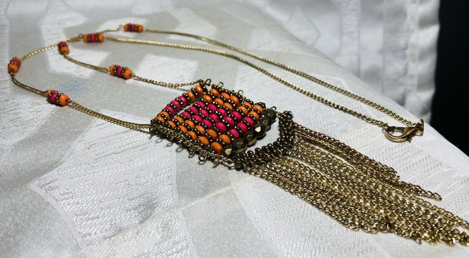 Vintage Boho Fringe Necklace Long Beaded Statement Pink Orange Brass Tone 42”