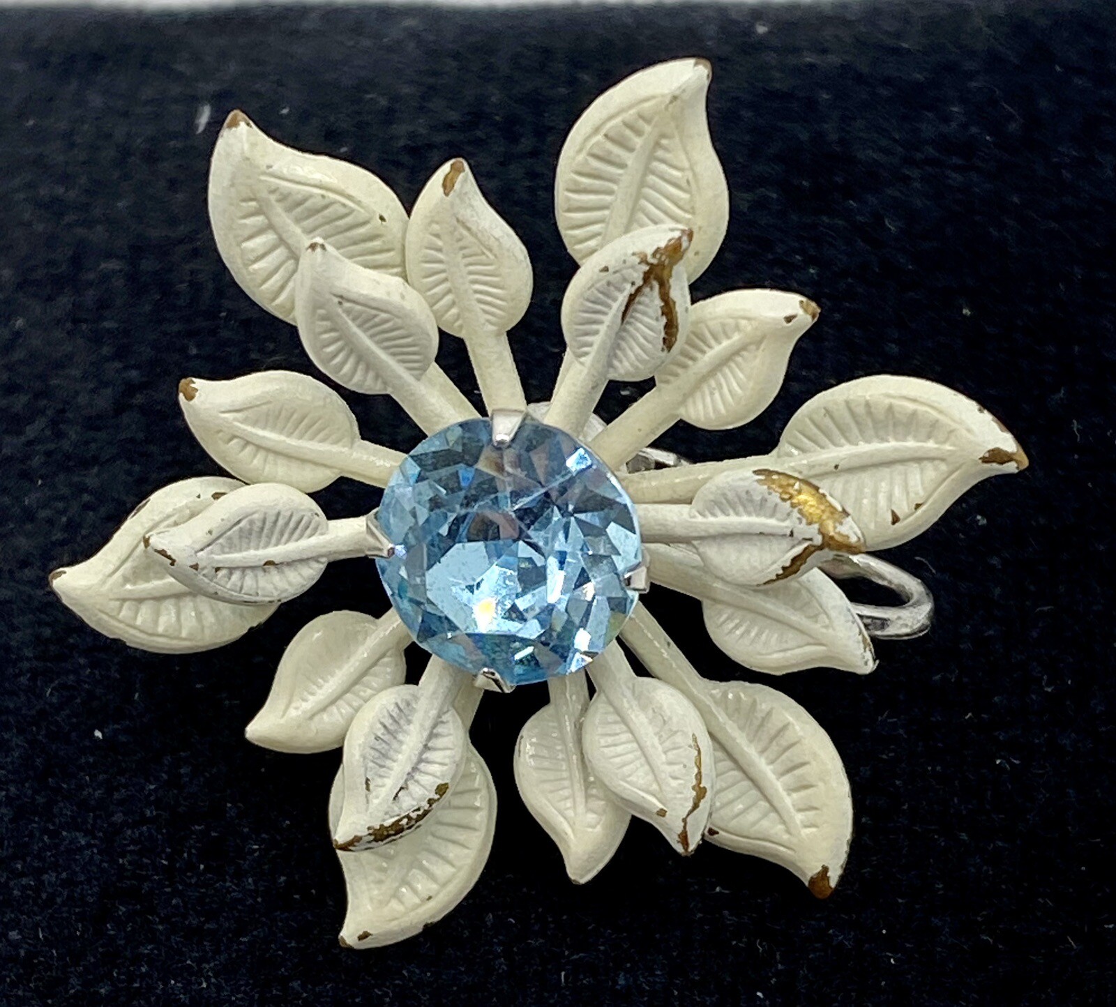 Vintage White Enamel Blue Topaz Rhinestone Flower Brooch & Clip-on Earring Set