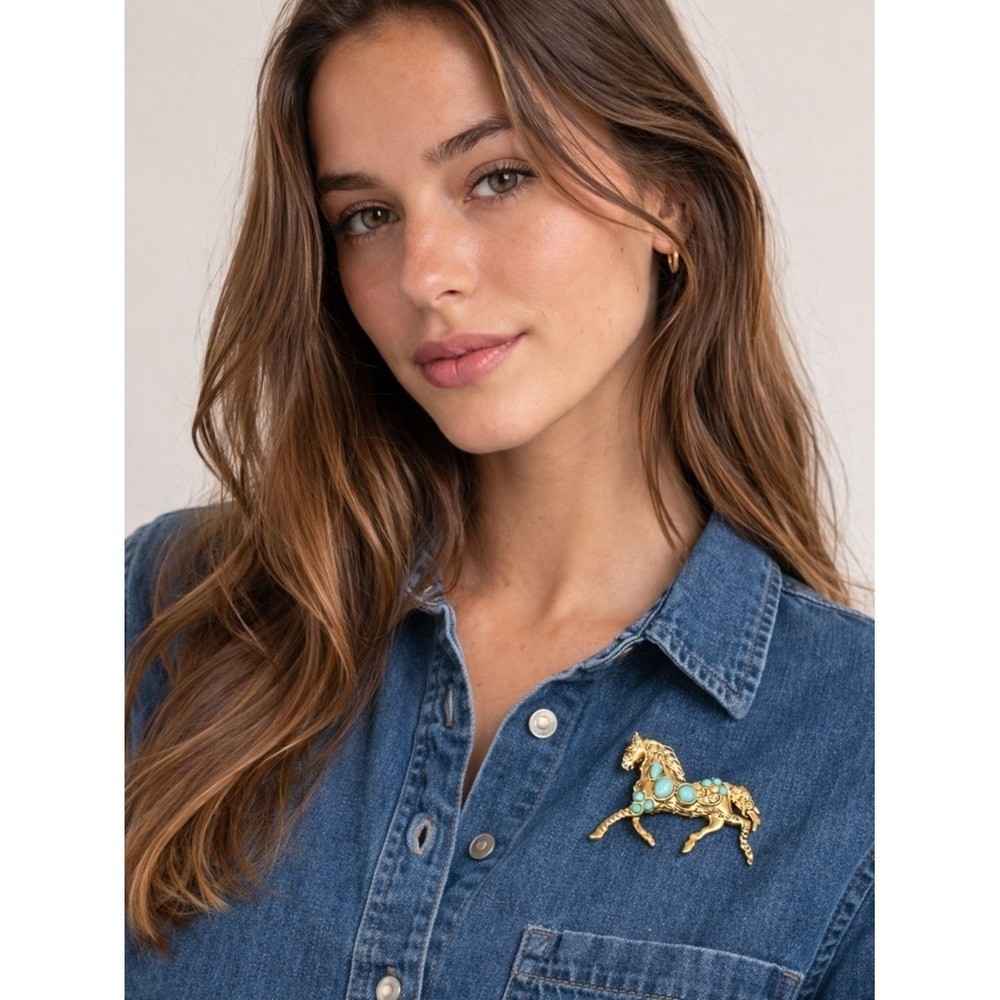Gold Tone Horse Brooch Turquoise Cabochon Stones Vintage Style Equestrian Pin