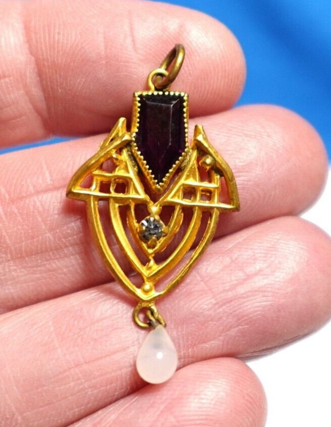 GOLD FILLED AMETHYST QUARTZ ANTIQUE LAVALIER PENDANT 1.9 GMS 30 X 17 MM J-601