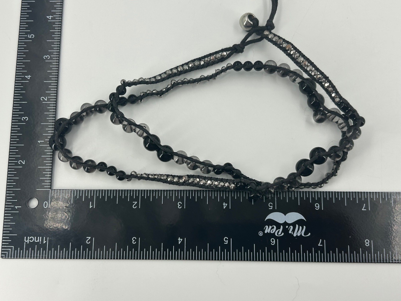 Multi-strand Wrap Bracelet Silver Tone 18″ Black Cord Glass Bead Bell Boho