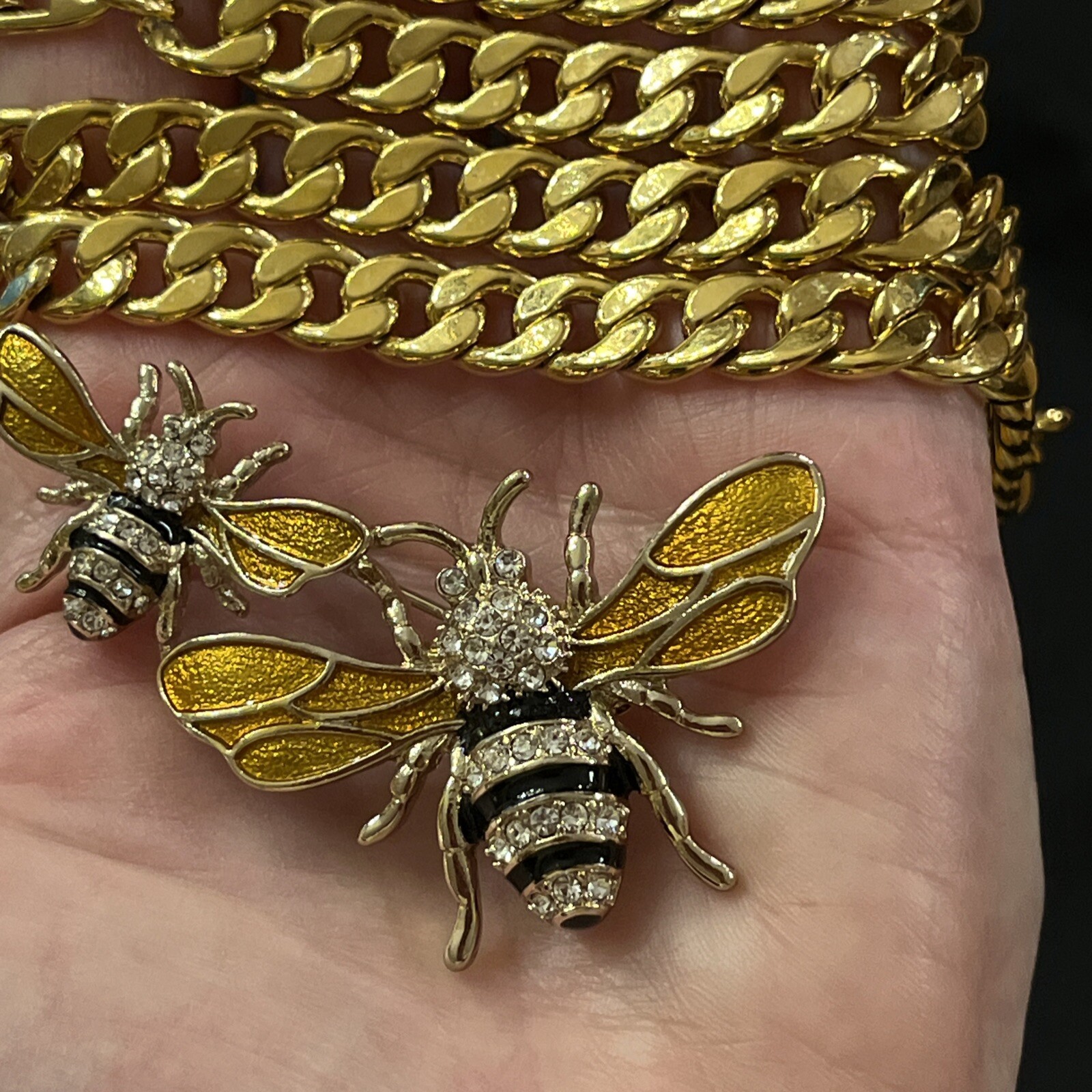 Vintage Napier Long Gold Tone Chain Double Bee Brooch & Clip On Earrings Set