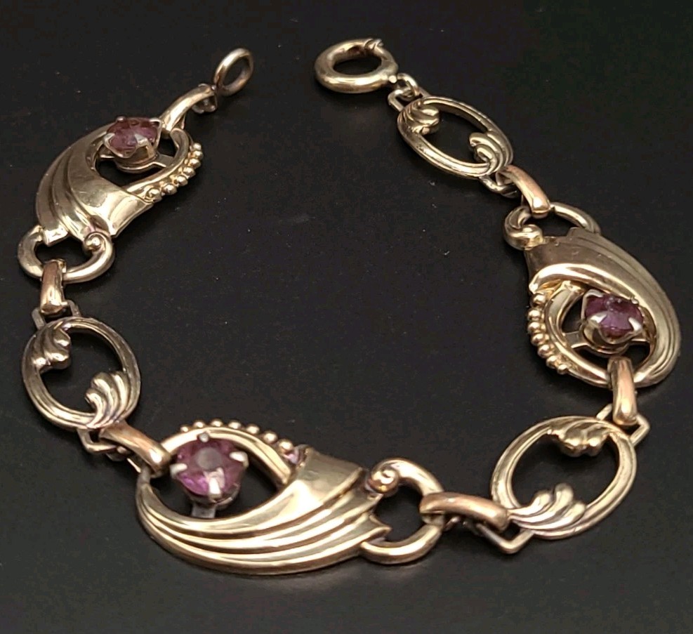 Vintage Harry Iskin 1/20 10K Gold Filled Purple Glass Bracelet 16cm